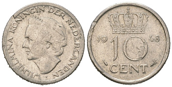 Нидерланды 10 центов 1948 Вильгельмина (1895-1948) KM 177 никель 4173-1264