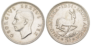 ЮАР 5 шиллингов 1951 Георг VI (1936-1952), год-тип KM 40.2 серебро 4127-224