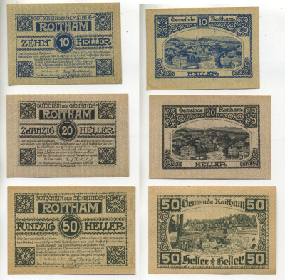 АВСТРИЯ НАБОР ИЗ 3 БАНКНОТ 1920 29 АПРЕЛЯ 1920-31 ДЕКАБРЯ 1920, НОТГЕЛЬД, 10, 20, 50 ГЕЛЛЕРОВ, ROITHAM бумага aUNC 7203-83-2