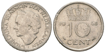 Нидерланды 10 центов 1948 Вильгельмина (1895-1948) KM 177 никель 4173-1264