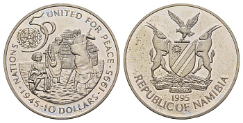 Намибия 10 долларов 1995 50 лет Организации Объединенных Наций (ООН) KM 9 медно-никель BU 413-3324