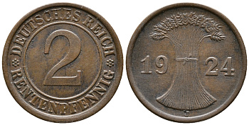 ГЕРМАНИЯ 2 РЕНТЕНПФЕННИГА 1924 J KM 31, J. 307 бронза 24-622