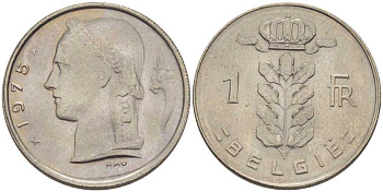 Бельгия 1 франк 1975 Belgie, Бодуэн I (1951-1993) KM 143.1 медно-никель 202-1055