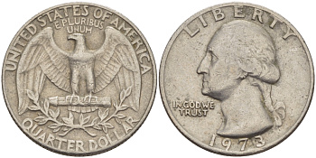 США 25 центов (квотер) 1973 Вашингтон KM 164а медь плакированная медно-никелем 31-723