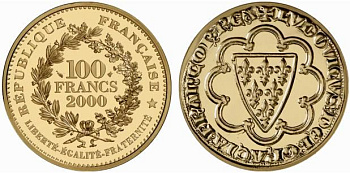 Франция 100 франков 2000 экю Луи IX KM 1234 золото PROOF 10-017-32