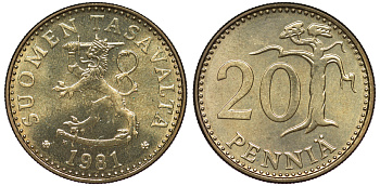 Финляндия 20 пенни 1981 K KM 47 алюминиевая бронза UNC 259-544