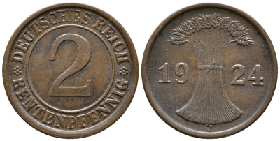 ГЕРМАНИЯ 2 РЕНТЕНПФЕННИГА 1924 J KM 31, J. 307 бронза 24-622