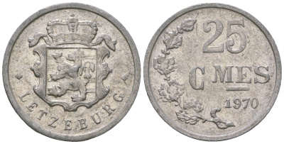 Люксембург 25 сантимов 1970 Герцог Жан (1964-1999) L 300, Weiller 290, KM 45a.1, Schoen 30a алюминий    4528-934