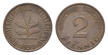 ФРГ 2 пфеннига 1950 D KM 106, J. 381 бронза 4618-652