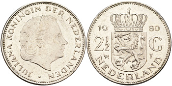 Нидерланды 2 1/2 гульдена 1980 Юлиана (1948-1980) KM 191 никель 4593-644