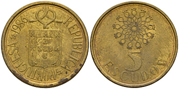 Португалия 5 эскудо 1986  KM 632 никель-латунь    4598-1255