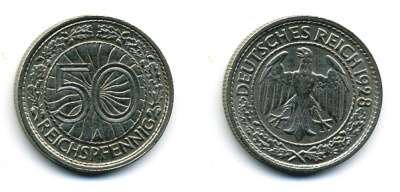 Германия 50 рейхспфеннигов 1928 A KM 49, J.324 никель 58-411