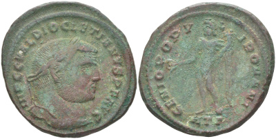 Римская Империя нуммий 296 - 297 Диоклетиан, бюст императора, IMP C C VAL DIOCLETIANVS P F AVG / Гений Римского народа, GENIO POPVLI ROMANI, Гераклея (из немецкой коллекции 1-й половины XX века) RIC 17а биллон 1073-23-54
