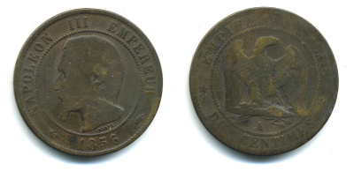 Франция 10 сантимов 1856 A, Наполеон III (1852-1870) KM 771.1, Le Franc 133.32 бронза 89-1654