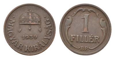 Венгрия 1 филлер 1939 KM 505 бронза 44-1236