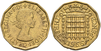 Великобритания 3 пенса 1966 Елизавета II (1952-2022) KM 900, Spink 4153 никель латунь  4150-424
