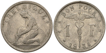 Бельгия 1 франк 1934 Belgique KM 89 никель 34-537