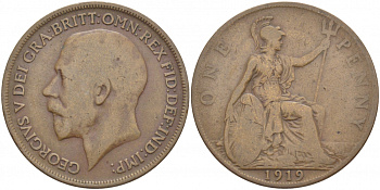 Великобритания 1 пенни 1919 Георг V (1910-1936) KM 810, Spink 4051 бронза 3996-333