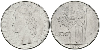 Италия 100 лир 1976 R, Афина у оливкового дерева KM 96.1 нержавеющия сталь 81-611