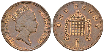 Великобритания 1 пенни 1991 Елизавета II (1952-2022) KM 935, Spink 4381 (B3) бронза 4609-528