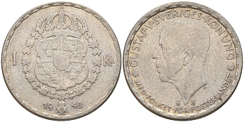 Швеция 1 крона 1948 TS, Густав V (1907-1950) KM 814 серебро 4148-1052