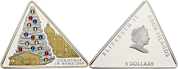 Острова Кука 5 долларов 2008 Рождество в Риме, елка, камни, позолота серебро PROOF 1065-2-11