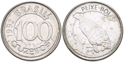 БРАЗИЛИЯ 100 КРУЗЕЙРО 1992 РЕФОРМА 1990-1993, ЛАМАНТИН KM 623 нержавеющая сталь 4387-1265