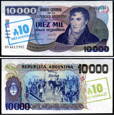 Аргентина 10 аустралей 1985 Мануэль Бельграно Pick 322 d	 бумага UNC (пресс) 7214-14-3-1