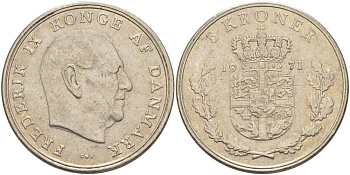 ДАНИЯ 5 КРОН 1971 C; S, ФРЕДЕРИК IX (1947-1972) KM 853.1 медно-никель 38-512