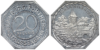 Германия, Нюрнберг - Фюрт 20 пфеннигов ND трамвайный жетон, ворота в зоопарк алюминий UNC 4119-633