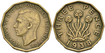 Великобритания 3 пенса 1938 Георг VI (1936-1952) KM 849, Spink 4112 никель латунь 4561-951