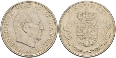 ДАНИЯ 5 КРОН 1971 C; S, ФРЕДЕРИК IX (1947-1972) KM 853.1 медно-никель 38-512