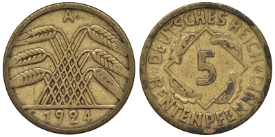 Германия 5 рентенпфеннигов 1924 A KM 32, J. 308 алюминиевая бронза 4124-248