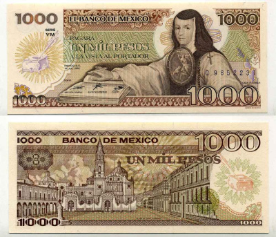 МЕКСИКА 1000 ПЕСО 1985 СЕРИЯ VM, 19 ИЮЛЯ 1985 Pick 85 бумага UNC (ПРЕСС) 8589-53-2-1