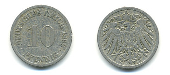 ГЕРМАНИЯ 10 ПФЕННИГОВ 1899 D KM 12, J. 13 медно-никель 4379-828