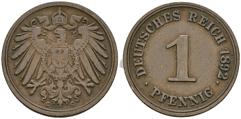 Германия 1 пфенниг 1892 G, Вильгельм II (1888-1918) KM 10, J. 10 медь 4608-219