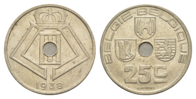 Бельгия 25 сантимов 1938 Belgie - Belgique, Леопольд III (1934-1947) KM 115 никель латунь aUNC 4619-815