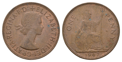 Великобритания 1 пенни 1967 Елизавета II (1952-2022) KM 897, Spink 4157 бронза 221-1013