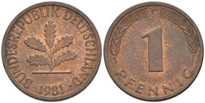 ФРГ 1 ПФЕННИГ 1981 F KM 105, J.380 сталь плакированная медью UNC 75-427