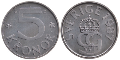 Швеция 5 крон 1987 D, Карл XVI Густав (1973- ) KM 853 медно-никель PROOFLIKE 59-246