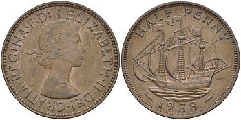 Великобритания 1/2 пенни 1958 Елизавета II (1952-2022) KM 896, Spink 4158 бронза    4187-527