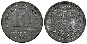 ГЕРМАНИЯ 10 ПФЕННИГОВ 1921 KM 26, J. 299 цинк 4380-242