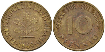 ФРГ 10 ПФЕННИГОВ 1969 G KM 103, J. 378 сталь плакированная латунью 94-1025