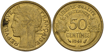 Франция 50 сантимов 1941 KM 894.1, Le Franc 192.15 алюминиевая бронза 4158-713