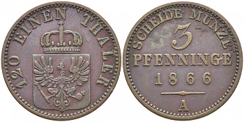 ПРУССИЯ 3 ПФЕННИГА 1866 А, ВИЛЬГЕЛЬМ I (1861-1888) KM 482 медь 3856-725