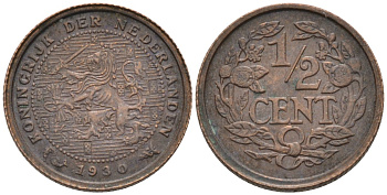 Нидерланды 1/2 цента 1930 Вильгельмина (1890-1948) KM 138 бронза 4576-438