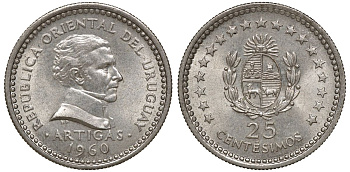 Уругвай 25 сентесимо 1960 KM 40 медно-никель 4169-759