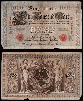 Германия 1000 марок 1910 Берлин, A; аллегорические фигуры («Мореплавание» и «Земледелие»), герб Pick 44 b бумага 7547-80-3-1