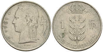 Бельгия 1 франк 1951 Belgique, Бодуэн I (1951-1993) KM 142.1 медно-никель 259-1035
