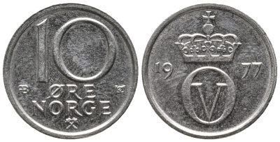 Норвегия 10 эре 1977 Улаф V (1957-1991) KM 416 медно-никель 66-152